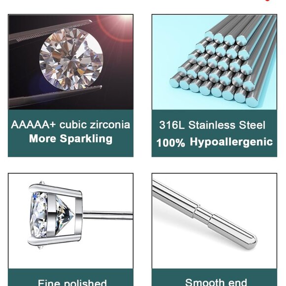 Set of 4 Hypoallergenic Silver CZ Stud Earrings for Men and Women, Includes 3-6m - Picture 7 of 7